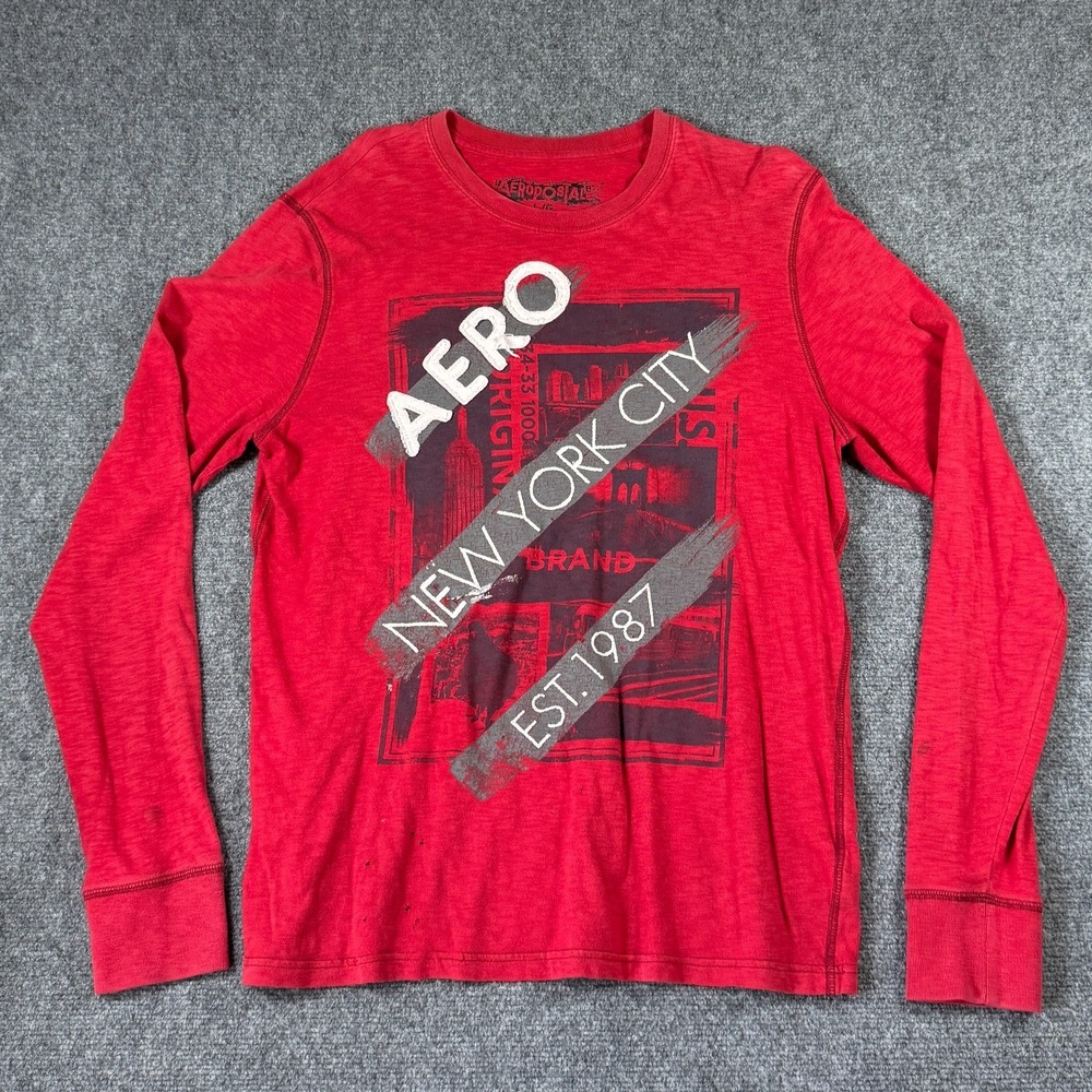 Aeropostale Long Sleeve T-Shirt Mens Large Red AERO 1987 New York Graphic #3872